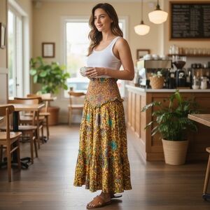 House Of Harlow 1960 Set Maxi Skirt Smocked Tiered Ruffles Yellow Tropical Small